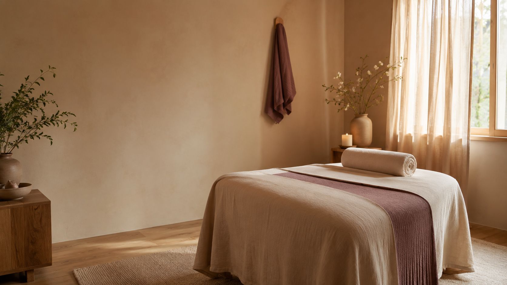 Ruhiger Wellnessraum mit warmem Tageslicht, einer vorbereiteten Massageliege und weichen Textilien.